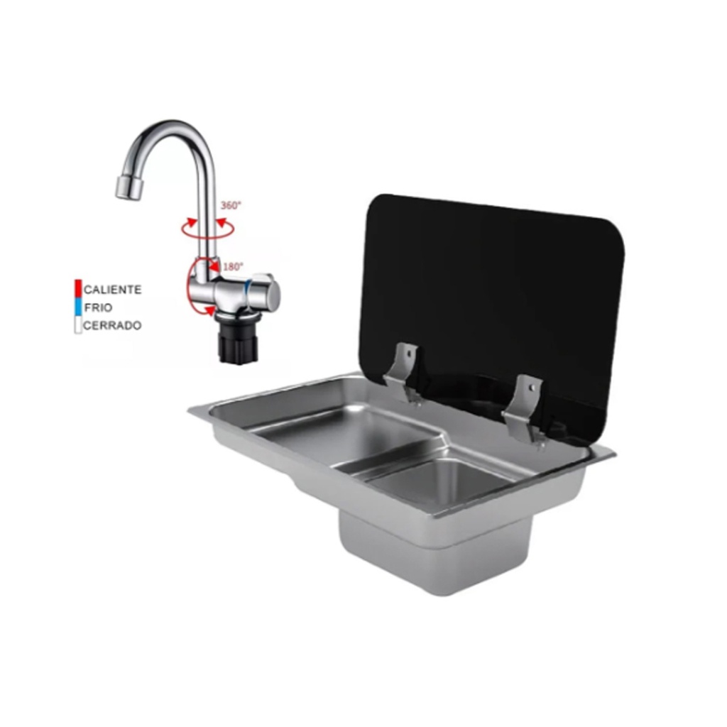 Bacha Cocina Inox C/tapa Vidrio + Canilla 360° Motorhome Rv