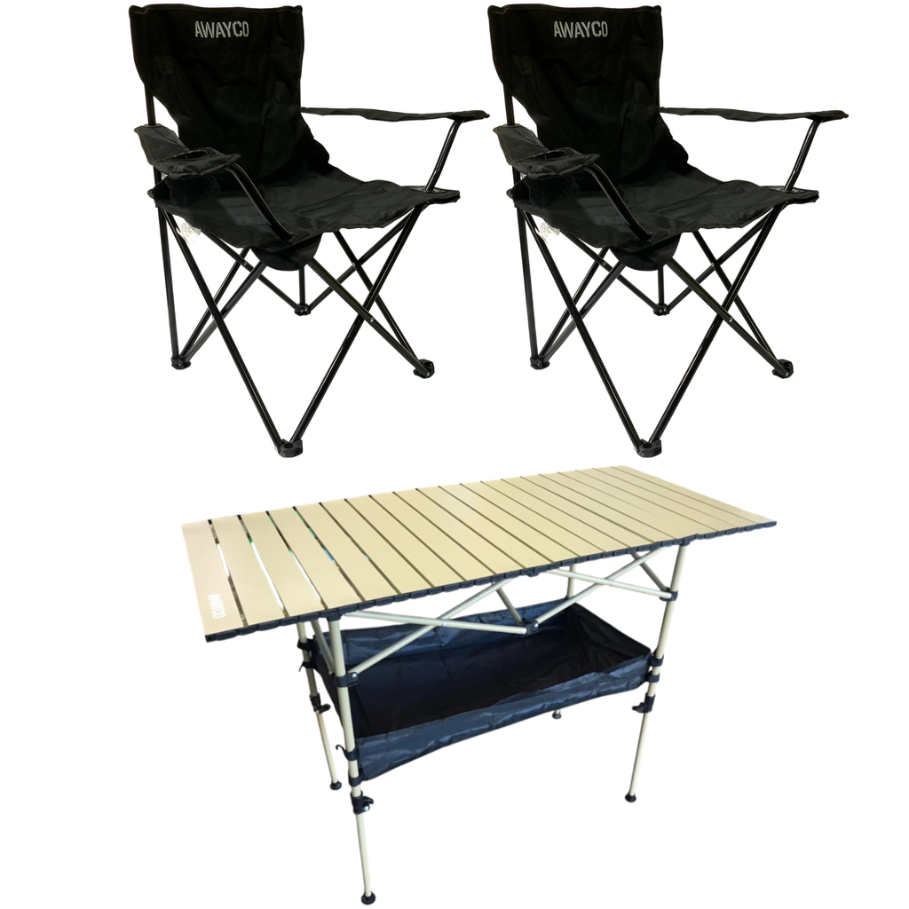 Set Mesa Enrrollable + 2 Sillas Plegables Camping Awayco Mesa Beige Sillas Negras