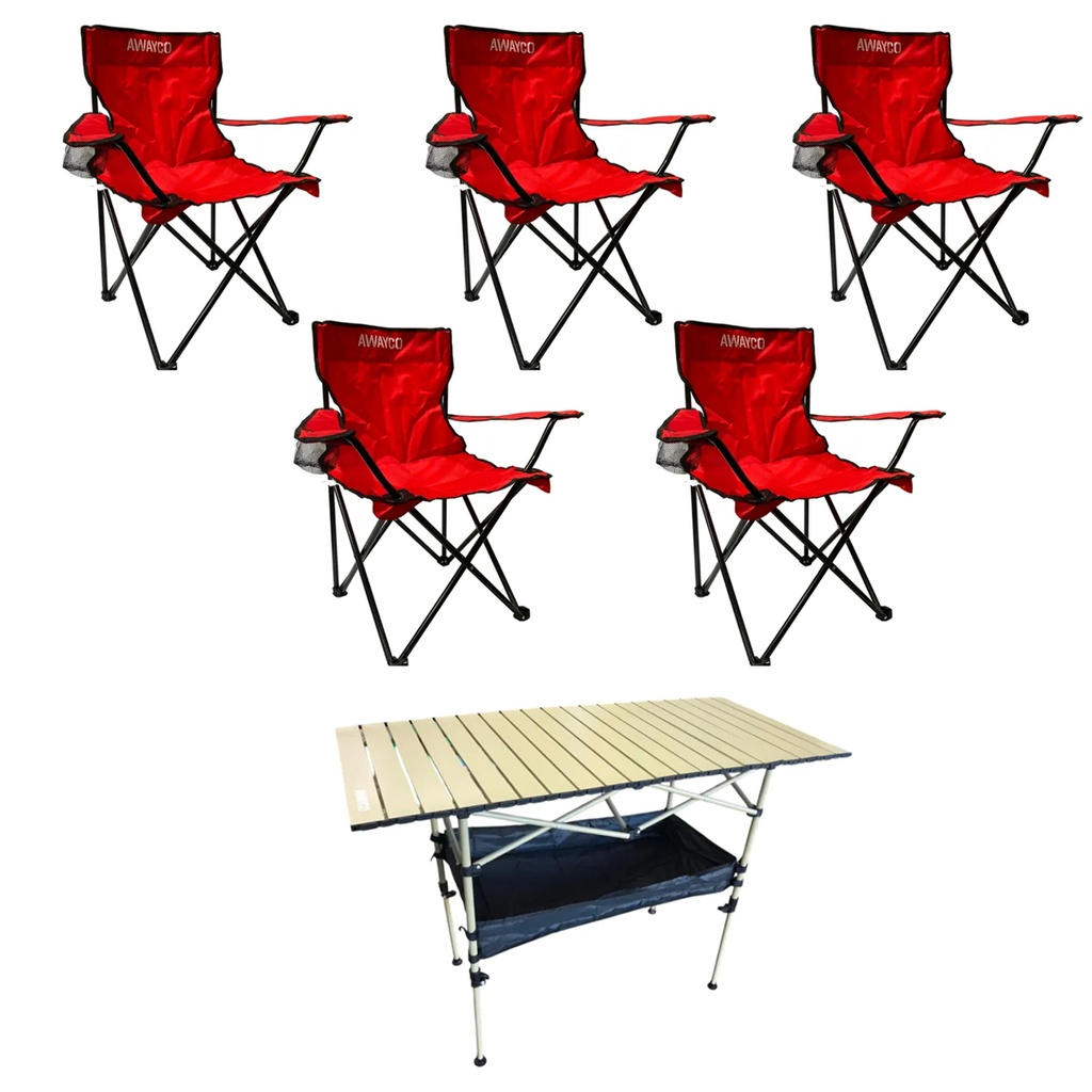 Set Mesa Enrrollable + 5 Sillas Plegables Camping Awayco