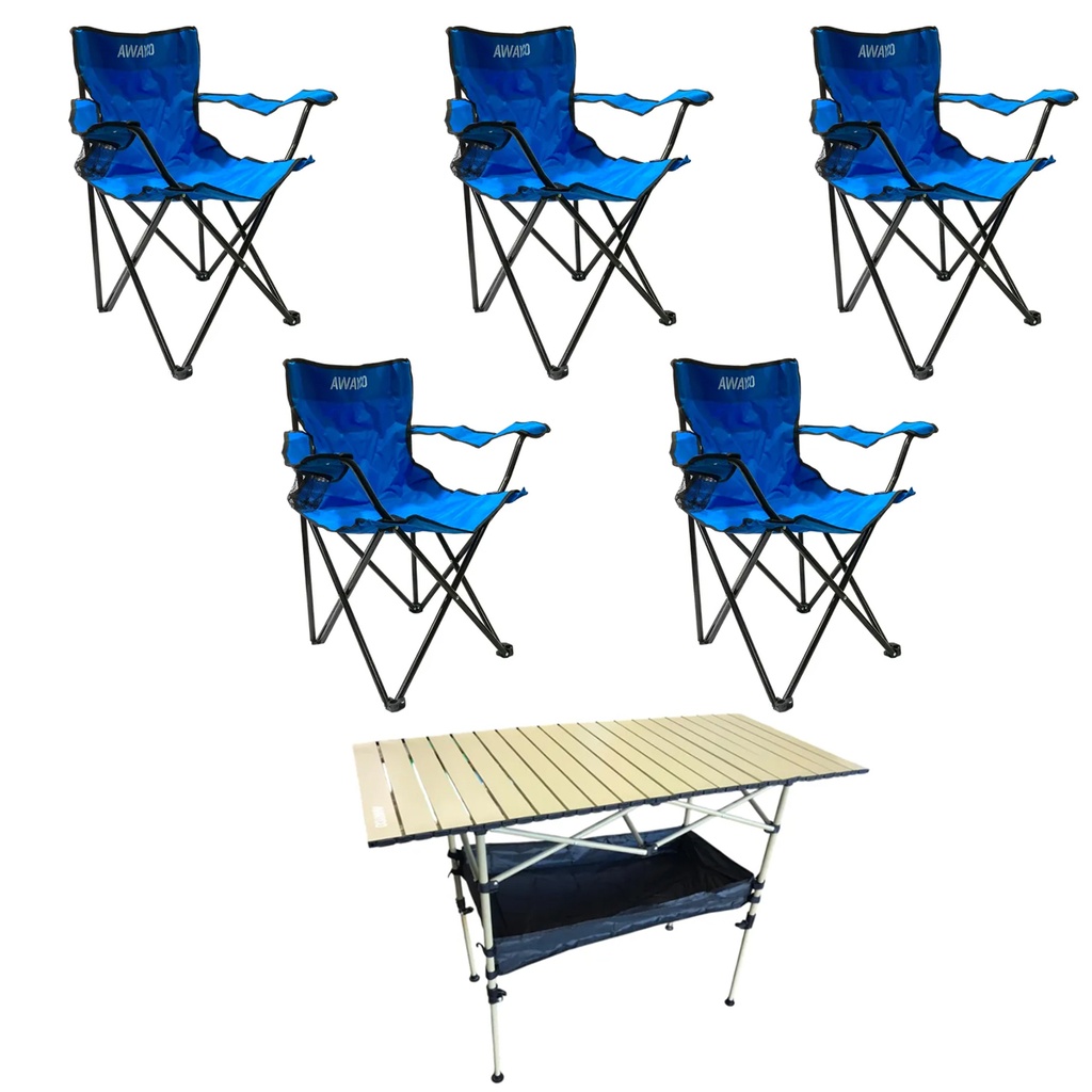 Set Mesa Enrrollable + 5 Sillas Plegables Camping Awayco 