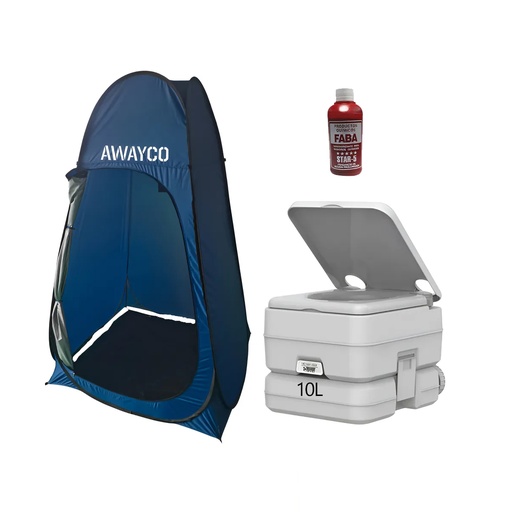 [AW-1020013-TM-IP1001-FABA] Carpa Baño Awayco Campop Vestidor Cambiador Con Piso + Inodoro Químico Torque Marine 10l + Liquido Faba