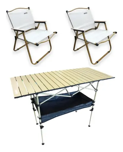 [AW-1030015-AW-1030011X2] Juego De Jardín Exterior Hierro Mesa Plegable + 2 Sillas Beige Awayco