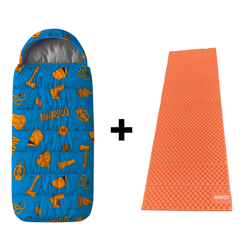 [AW-1020011-AW-1030016] Bolsa Dormir Infantil + Aislante Plegable Awayco Camping Bolsa Azul - Aislante Naranja 