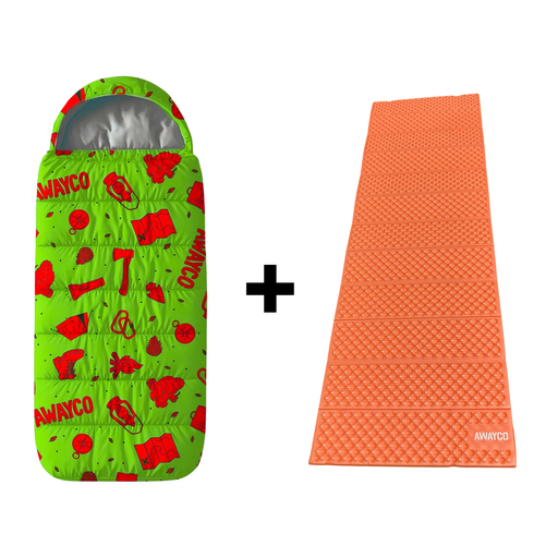 [AW-1020010-AW-1030016] Bolsa Dormir Infantil + Aislante Plegable Awayco Camping Bolsa Verde - Aislante Naranja 