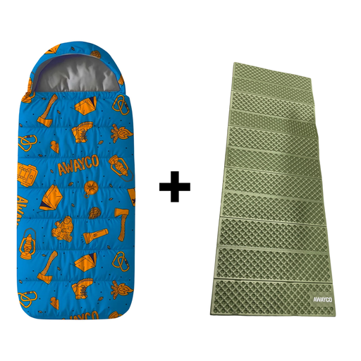 [AW-1020011-AW-1030017] Bolsa Dormir Infantil + Aislante Plegable Awayco Camping Bolsa Azul - Aislante Verde 