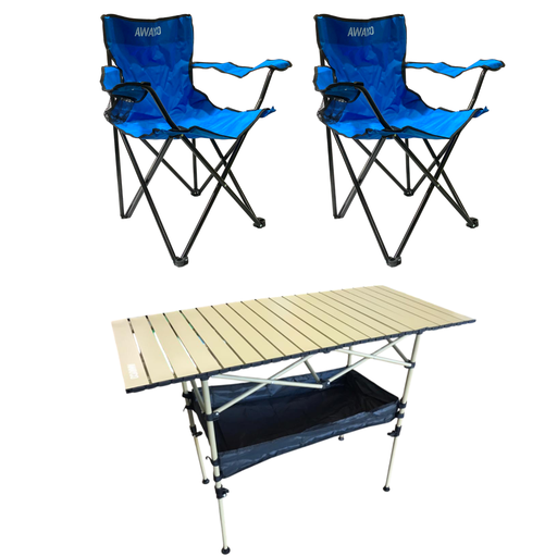 [AW-1030015-AW-1030005x2] Set Mesa Enrrollable + 2 Sillas Plegables Camping Awayco Mesa Beige Sillas Azules
