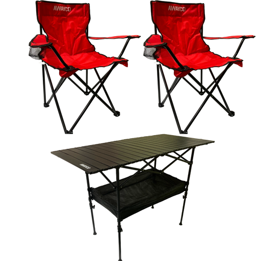 [AW-1030014-AW-1030007x2] Set Mesa Enrrollable + 2 Sillas Plegables Camping Awayco Mesa Negra Sillas Rojas