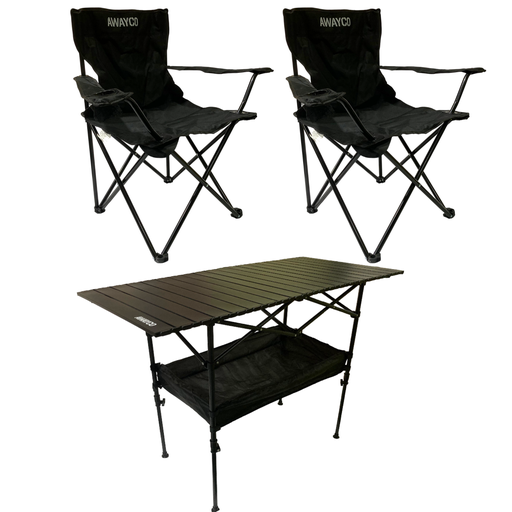 [AW-1030014-AW-1030006x2] Set Mesa Enrrollable + 2 Sillas Plegables Camping Awayco Mesa Negra Sillas Negras