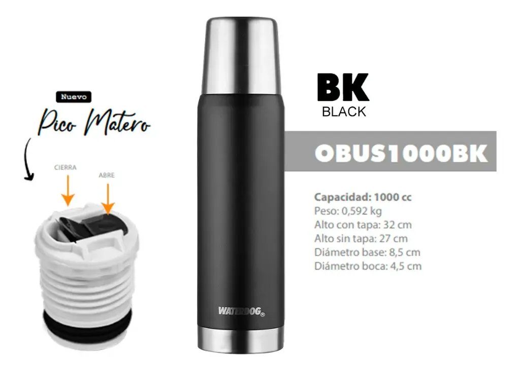 Termo Waterdog Obus De Acero Inoxidable 1 Litro Pico Matero