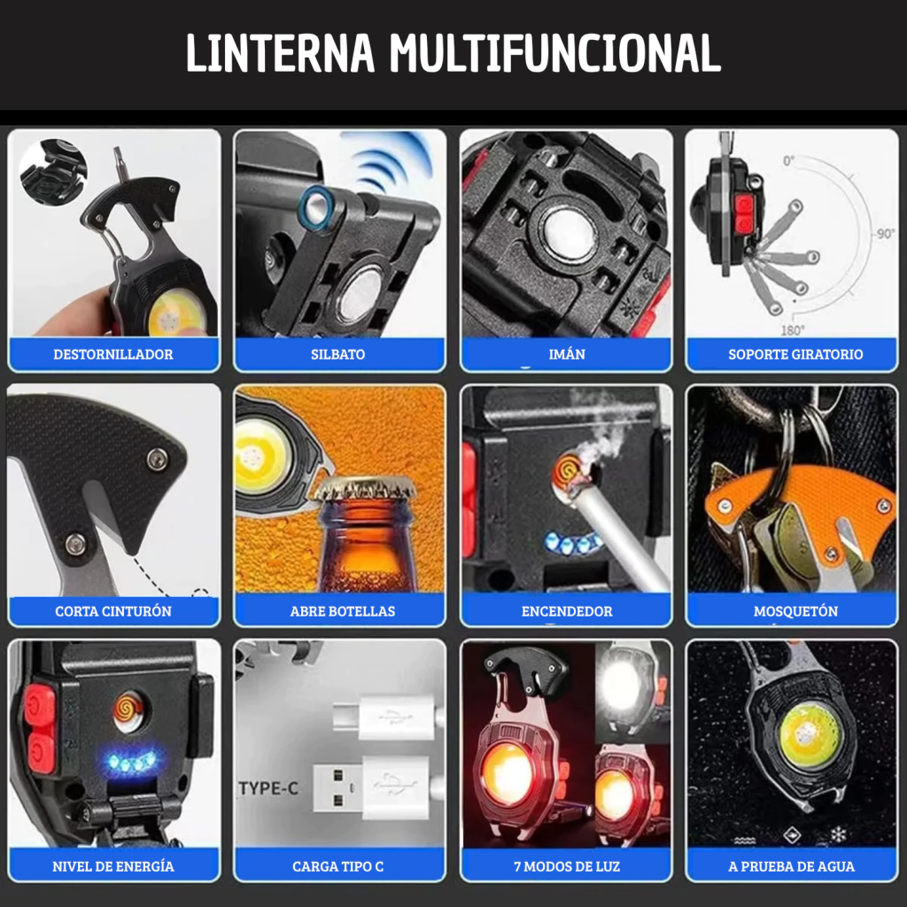 Linterna Led Cob Multifuncion Recargable Usb Iman Gancho Encendedor
