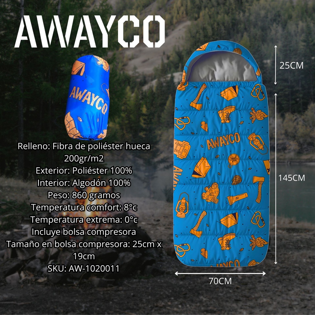 Bolsa Dormir Infantil Awayco Cierre Niños Camping Capucha Azul