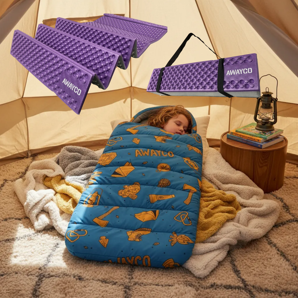 Bolsa Dormir Infantil + Aislante Plegable Awayco Camping Bolsa Azul - Aislante Violeta