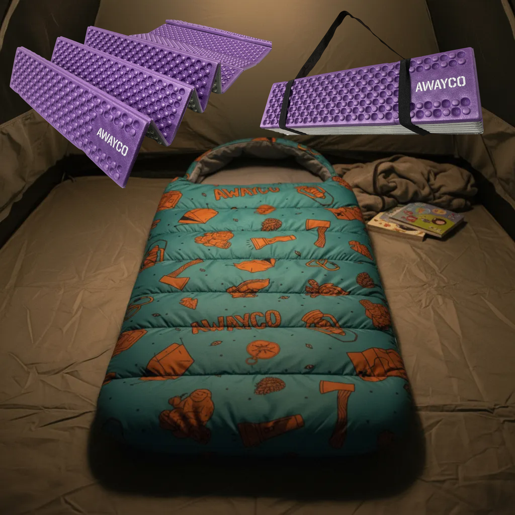 Bolsa Dormir Infantil + Aislante Plegable Awayco Camping Bolsa Azul - Aislante Violeta