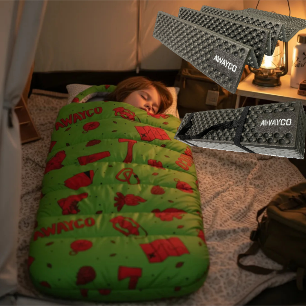 Bolsa Dormir Infantil + Aislante Plegable Awayco Camping Bolsa Azul - Aislante Violeta