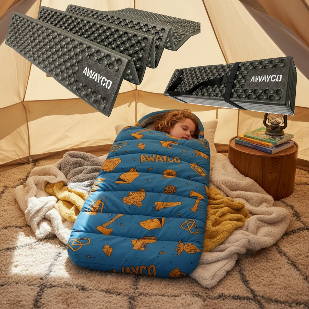 Bolsa Dormir Infantil + Aislante Plegable Awayco Camping Bolsa Azul - Aislante Violeta