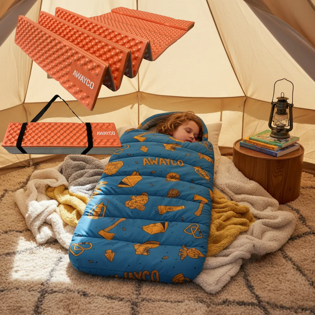 Bolsa Dormir Infantil + Aislante Plegable Awayco Camping Bolsa Azul - Aislante Violeta