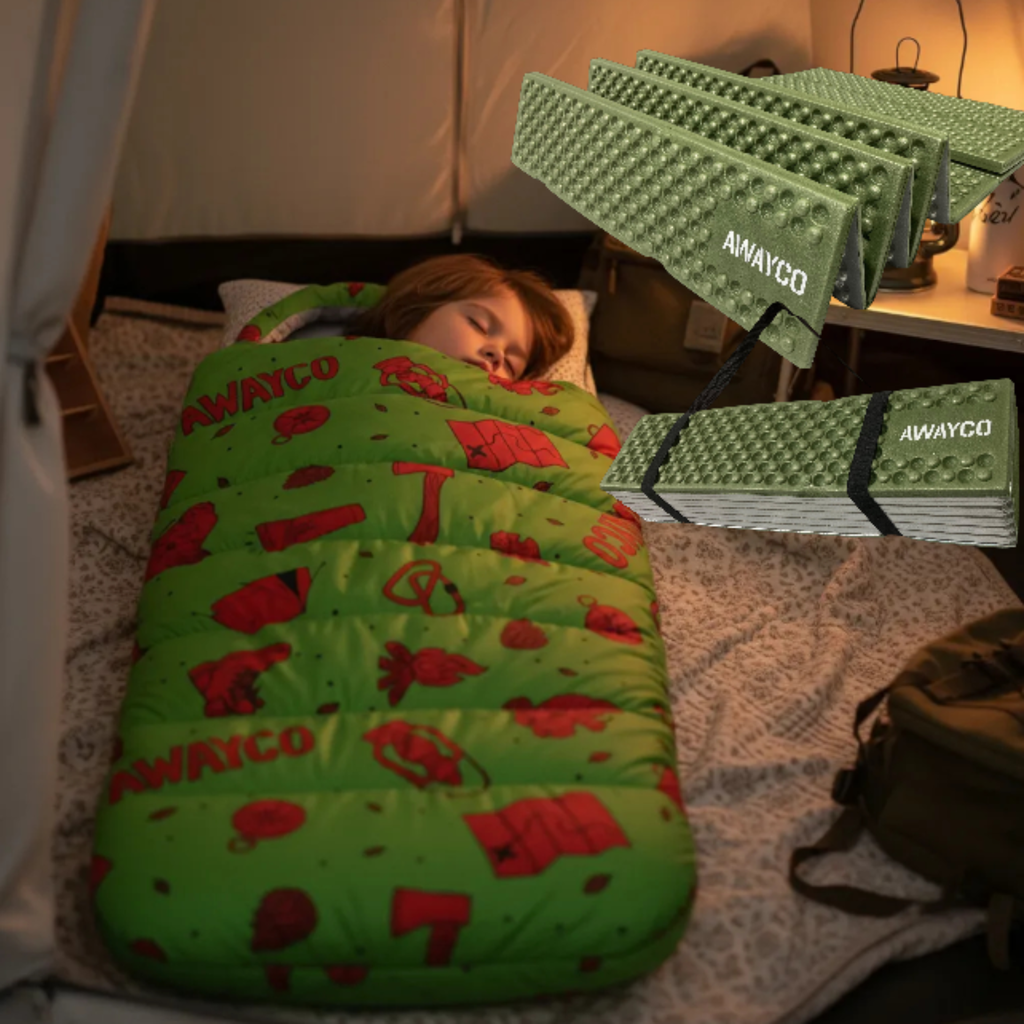 Bolsa Dormir Infantil + Aislante Plegable Awayco Camping Bolsa Azul - Aislante Violeta