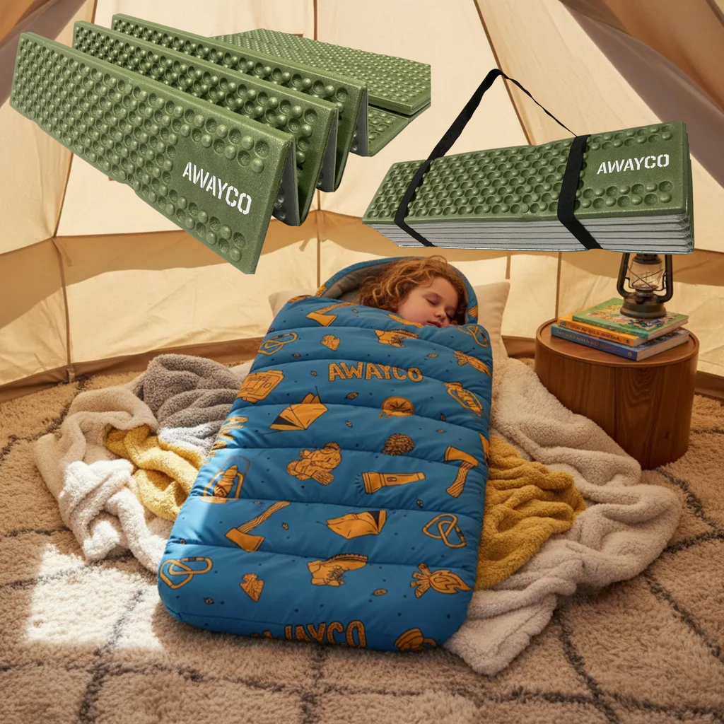 Bolsa Dormir Infantil + Aislante Plegable Awayco Camping Bolsa Azul - Aislante Violeta