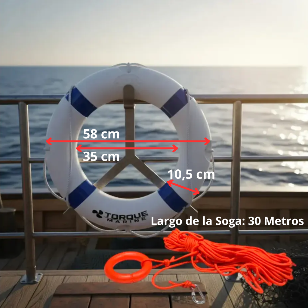 Salvavidas Circular Torque Marine Blanco Azul + Cuerda 30m