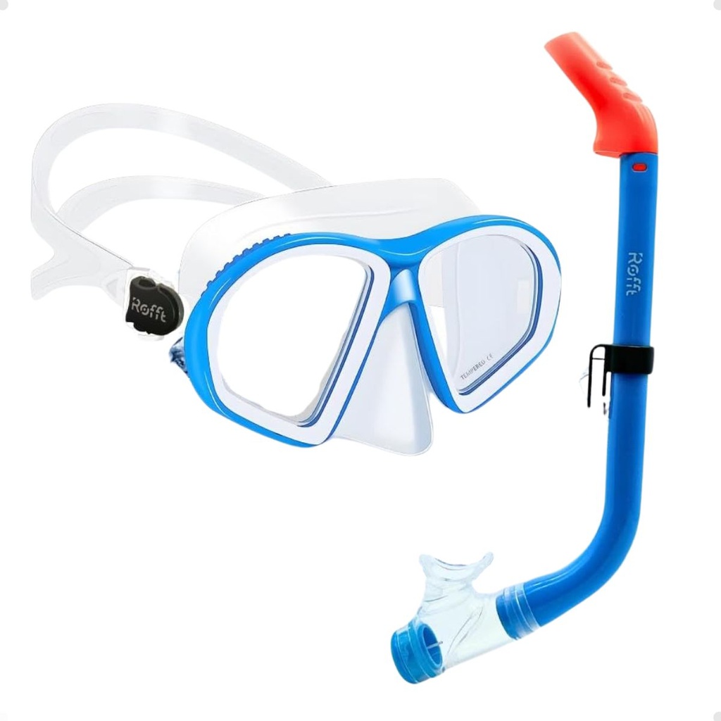 Set Snorkel Antiparras Con Lente Panorámico Vidrio Templado Celeste