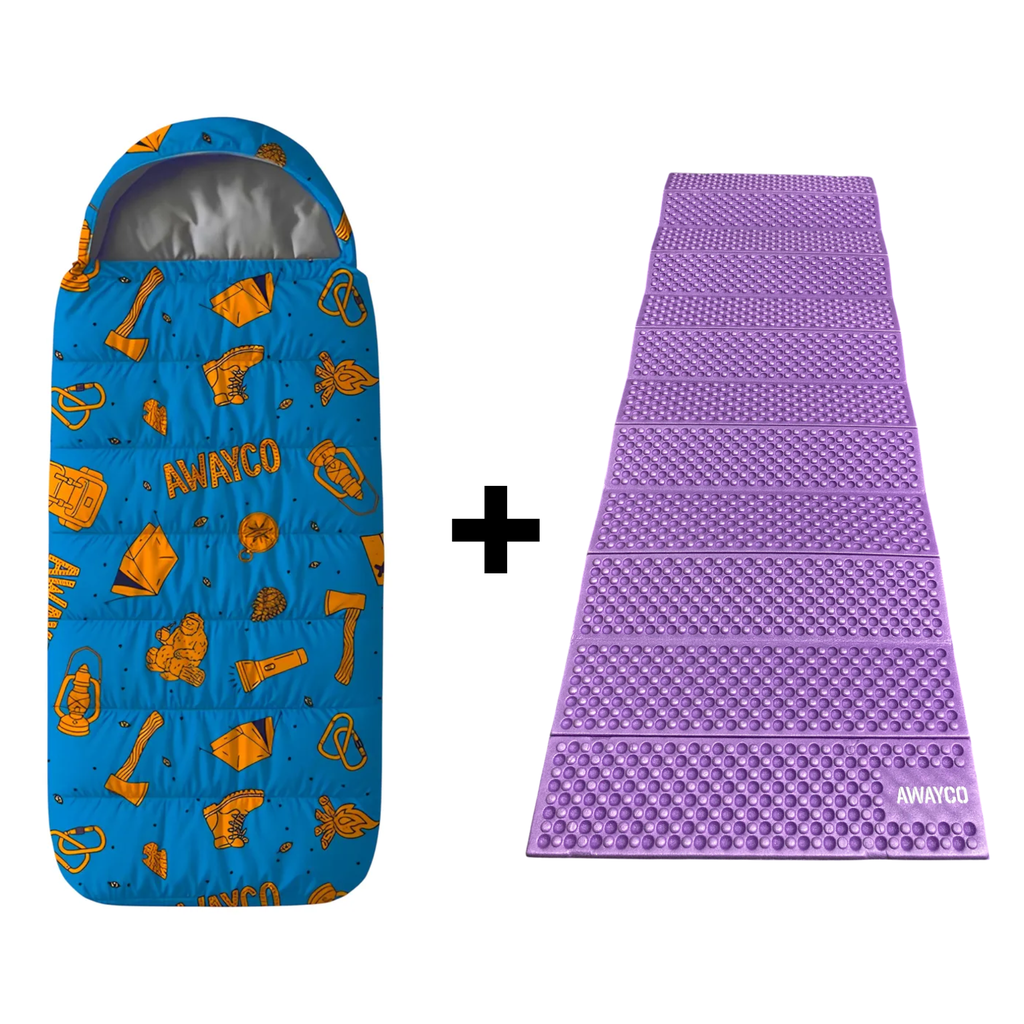 Bolsa Dormir Infantil + Aislante Plegable Awayco Camping Bolsa Azul - Aislante Violeta