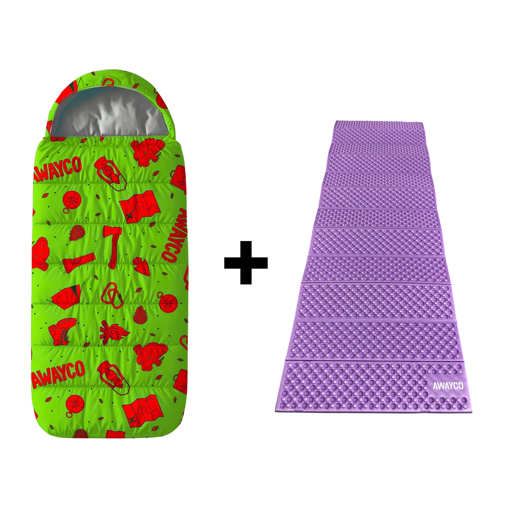Bolsa Dormir Infantil + Aislante Plegable Awayco Camping Bolsa Verde - Aislante Violeta 