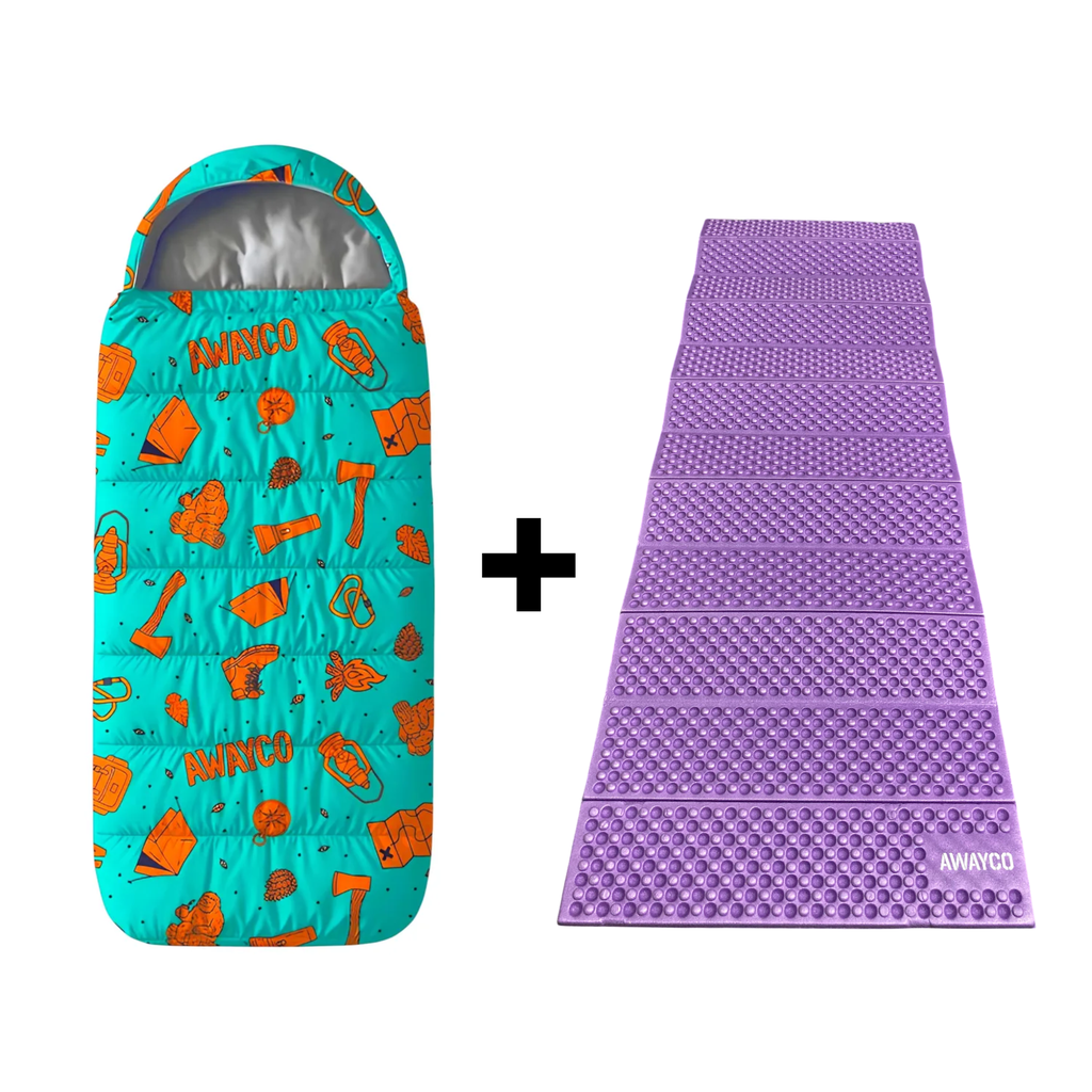 Bolsa Dormir Infantil + Aislante Plegable Awayco Camping Bolsa Aqua - Aislante Violeta 