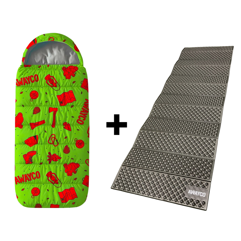 Bolsa Dormir Infantil + Aislante Plegable Awayco Camping Bolsa Verde - Aislante Negro 