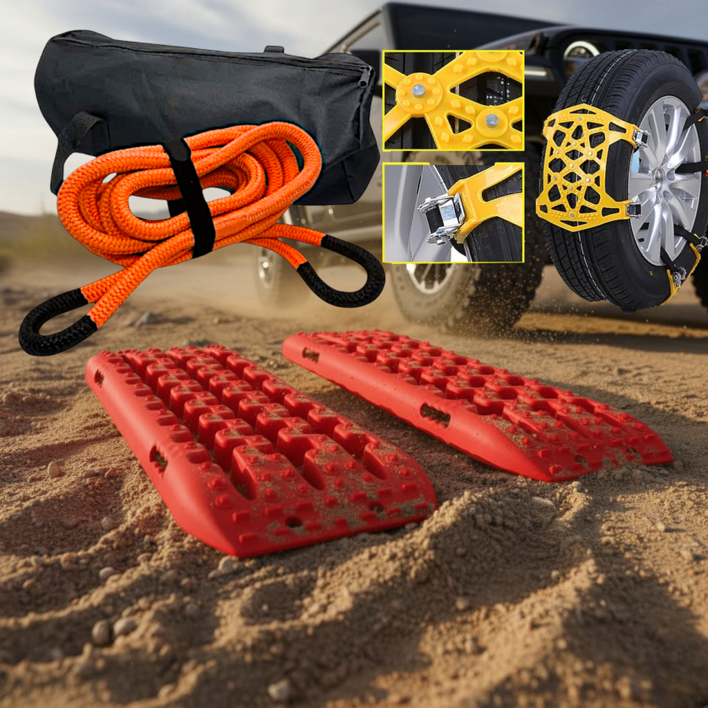 Kit Plancha Desatasco + Eslinga Dinamica + Cadenas Nieve 4x4 Rescate Awayco 