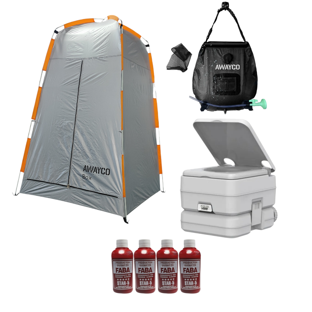 Carpa Baño Awayco Box Vestidor Cambiador Con Inodoro Químico Torque Marine 10l + Ducha Solar Awayco 20 L+ Liquido Faba 