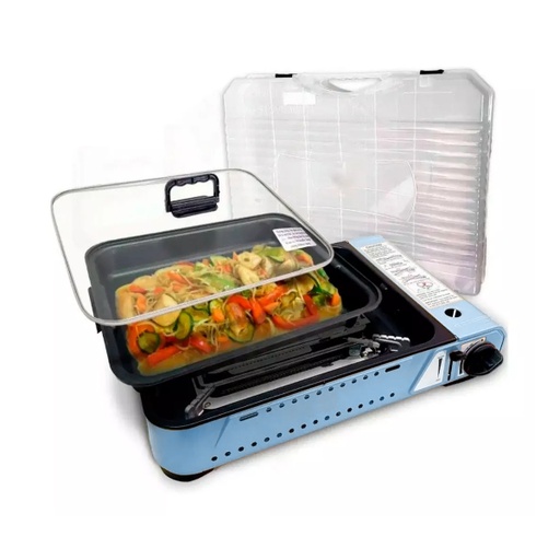 [PIR-P01007 Celeste] Anafe Cocina Camping Portatil Asadera Y Tapa Vidrio Gas