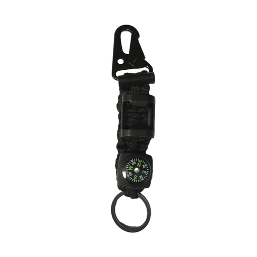 [ATE-LlaveroPlacard Negro] Llavero Supervivencia Paracord Pedernal Brujula Destapa 5en1