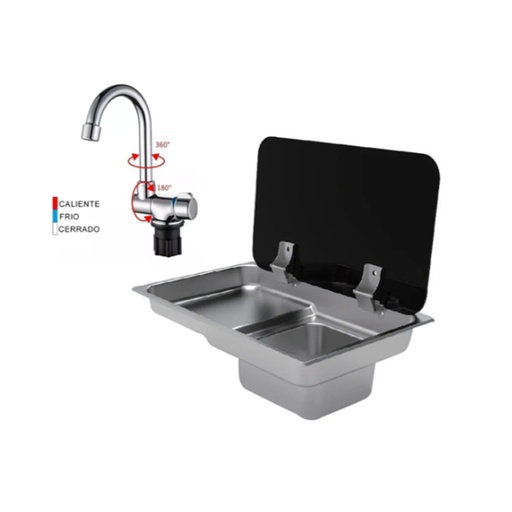 [TM-SF52232-TM-SF50220-11B] Bacha Cocina Inox C/tapa Vidrio + Canilla 360° Motorhome Rv