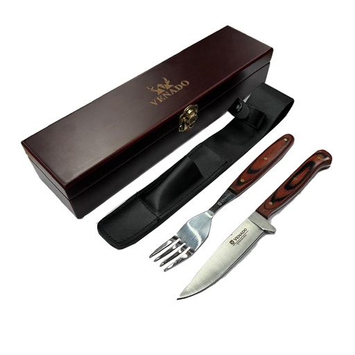 [BW-22718] Set Cuchillo Y Tenedor Venado Asado Caja De Madera Y Funda